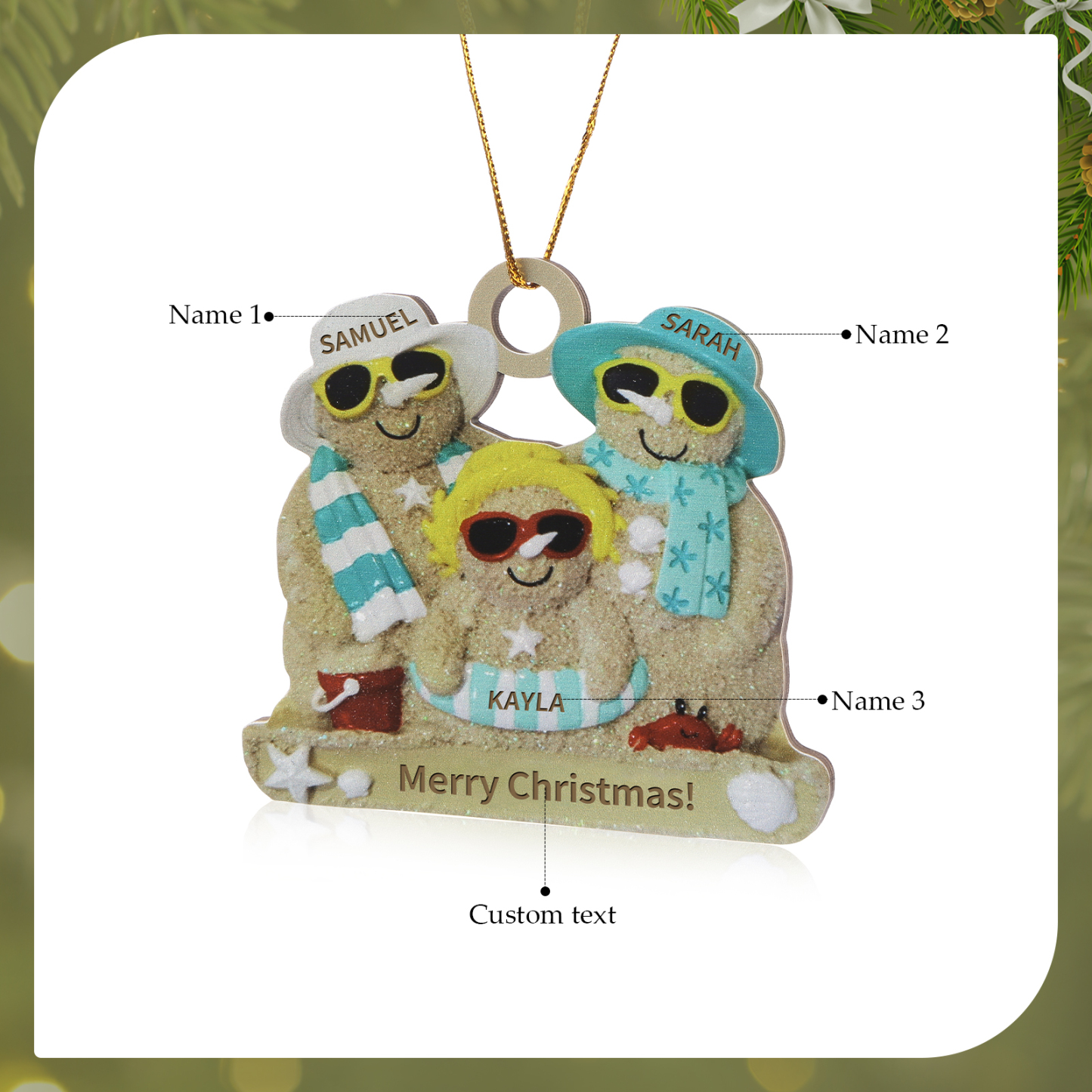 Personalized Wooden Family Beach-Themed Christmas Ornament with Custom 2-6 Names & 1 Text Christmas Gift for Family | Jessemade