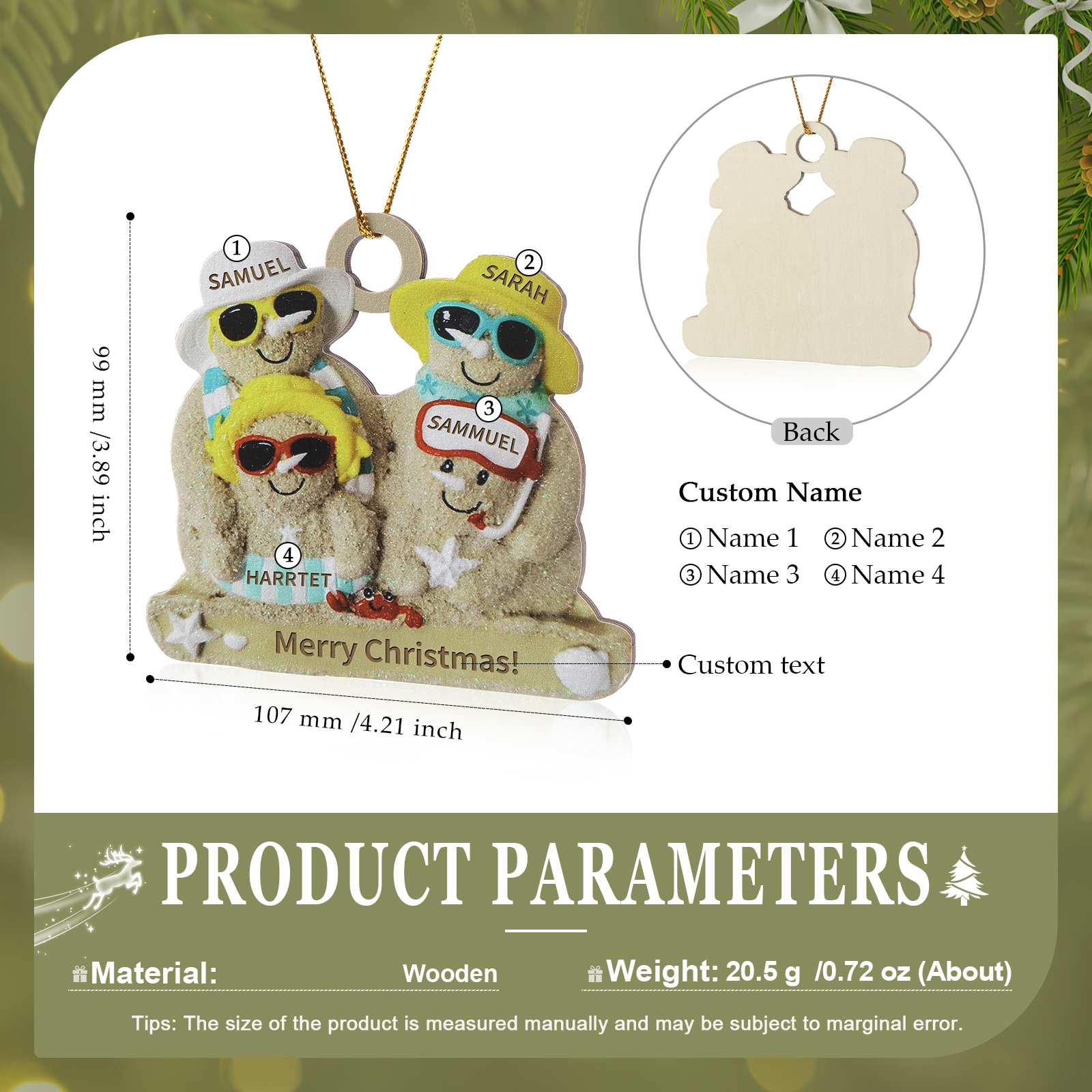 Personalized Wooden Family Beach-Themed Christmas Ornament with Custom 2-6 Names & 1 Text Christmas Gift for Family | Jessemade