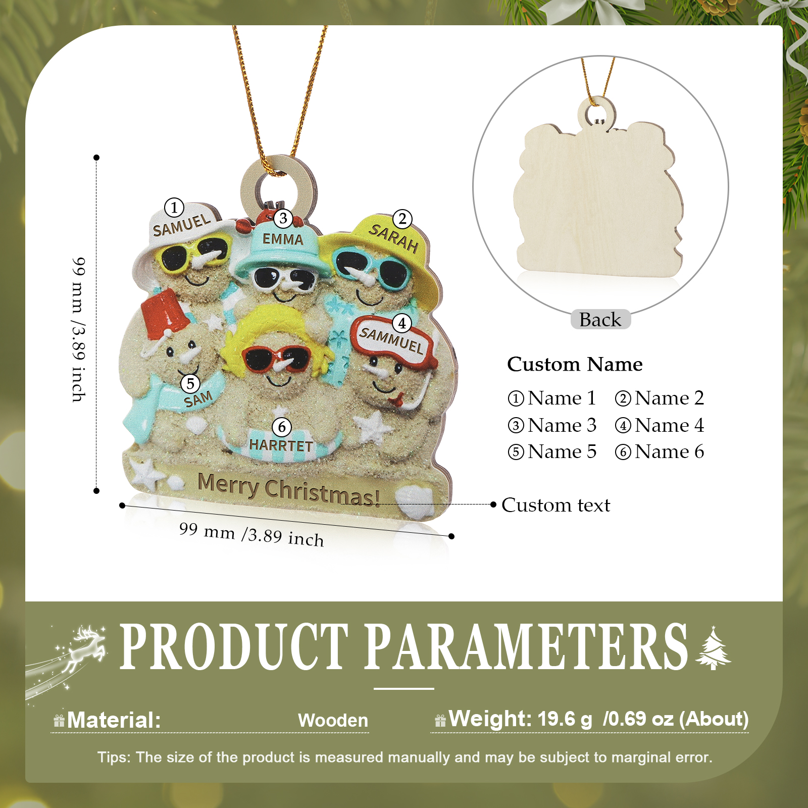 Personalized Wooden Family Beach-Themed Christmas Ornament with Custom 2-6 Names & 1 Text Christmas Gift for Family | Jessemade