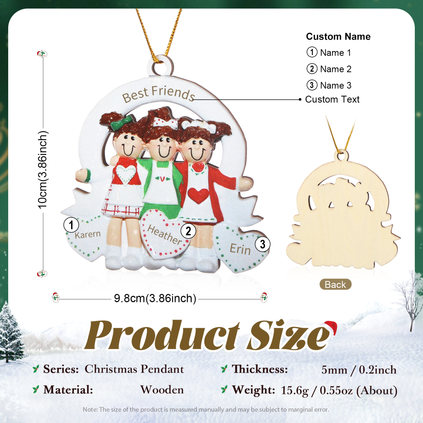 Personalized Wooden Best Friends Christmas Ornament – Custom 3 Names & 1 Text Christmas Gift for Friends | Jessemade