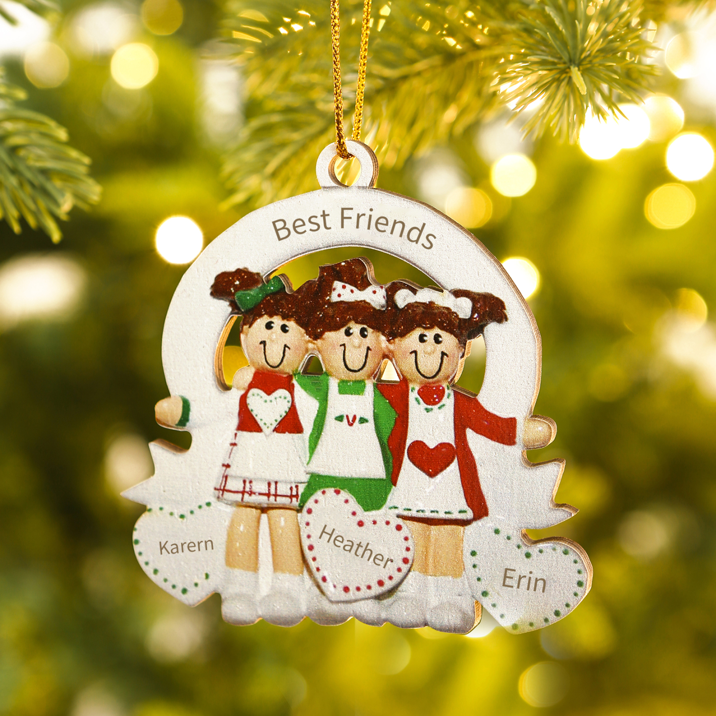 Personalized Wooden Best Friends Christmas Ornament – Custom 3 Names &