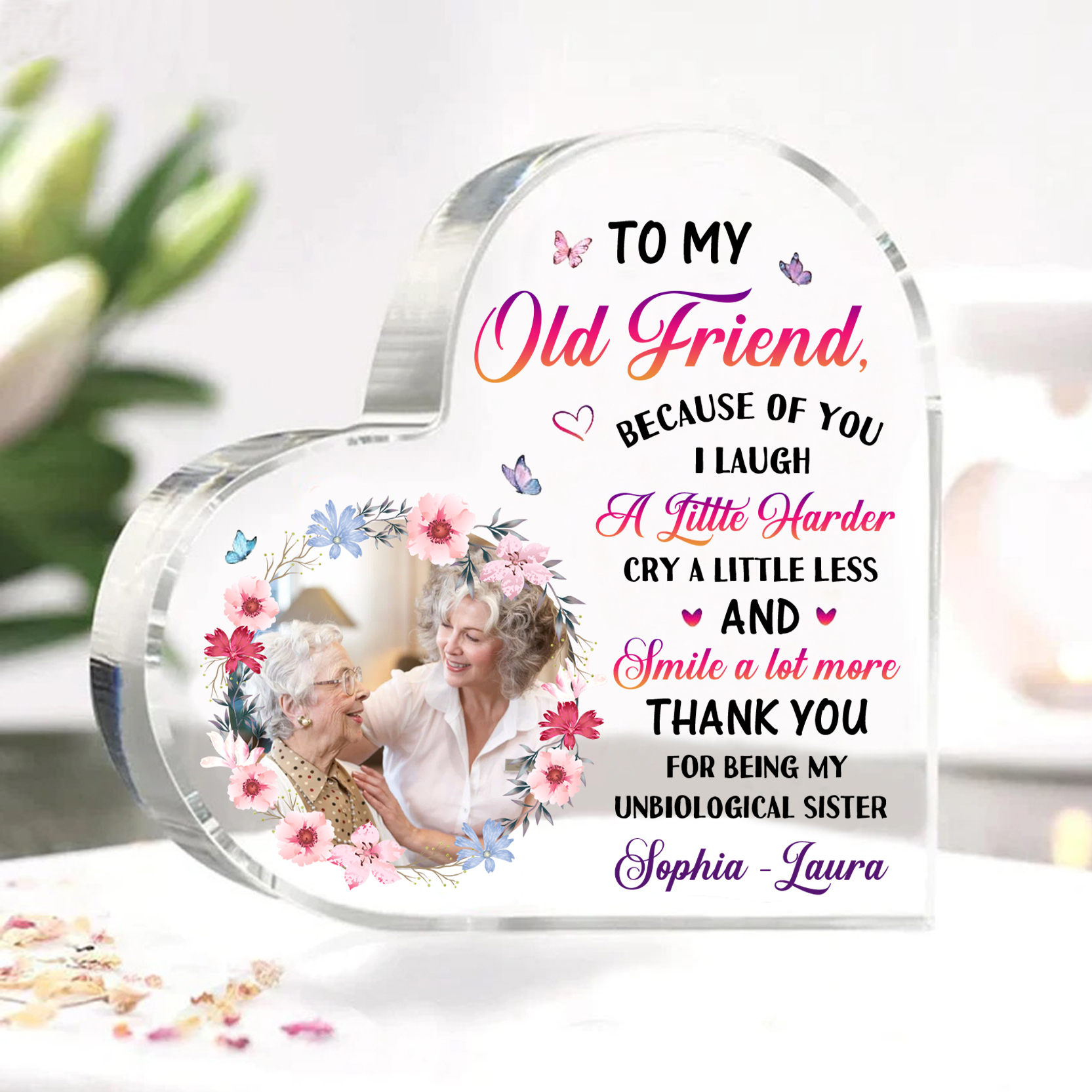 Personalized old Friend Acrylic Ornament with Custom Photo & Text Acrylic Heart Keepsake Desktop Ornament gift for best Friend | Jessemade