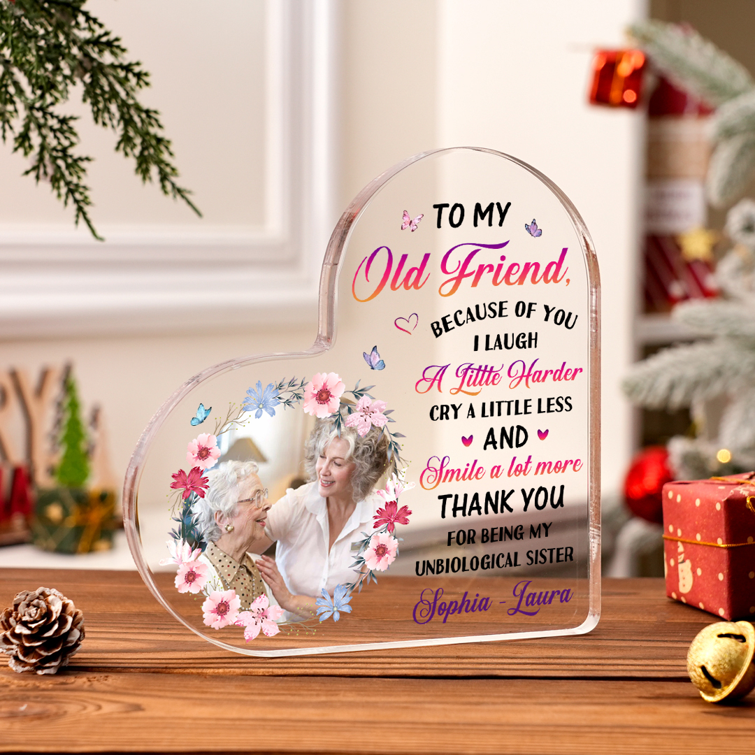 Personalized old Friend Acrylic Ornament with Custom Photo & Text Acrylic Heart Keepsake Desktop Ornament gift for best Friend | Jessemade