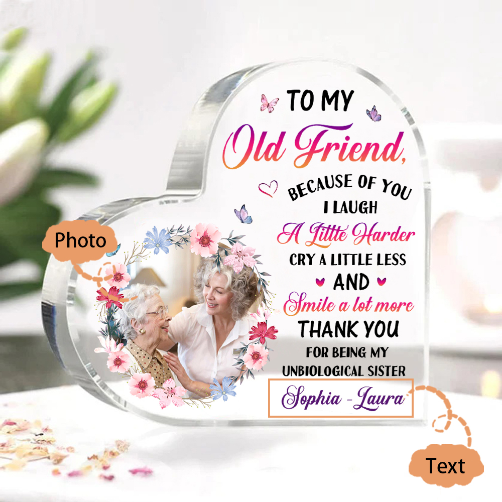 Personalized old Friend Acrylic Ornament with Custom Photo & Text Acrylic Heart Keepsake Desktop Ornament gift for best Friend | Jessemade
