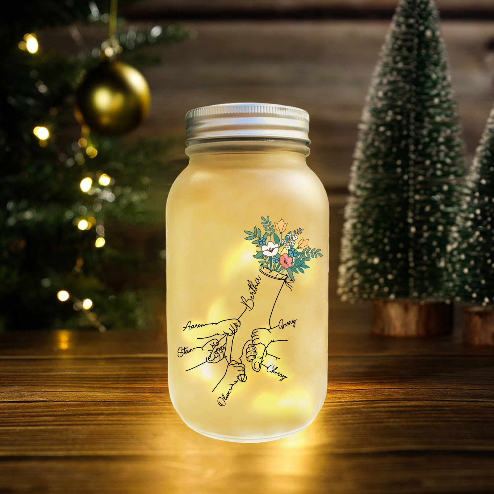 Personalized Luminous Mason Jar with Hand-Holding & Floral – Custom 2-7 Names LED Light Family Gift | Jessemade