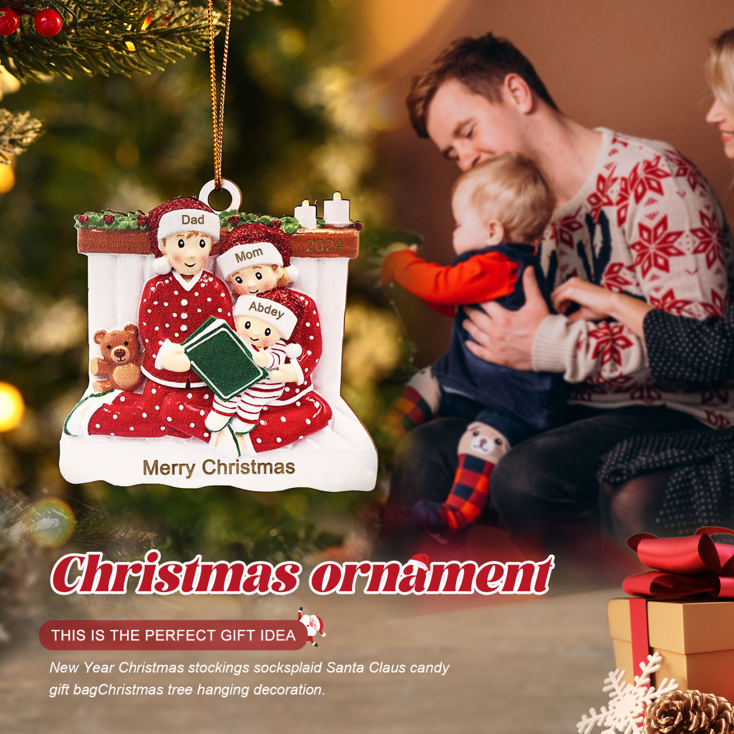 Personalized Wooden Family Reading Christmas Ornament with Custom 3 Names & 1 Text & Date Christmas Gift for Family | Jessemade