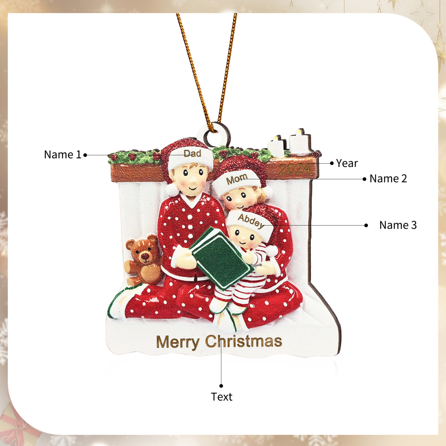 Personalized Wooden Family Reading Christmas Ornament with Custom 3 Names & 1 Text & Date Christmas Gift for Family | Jessemade