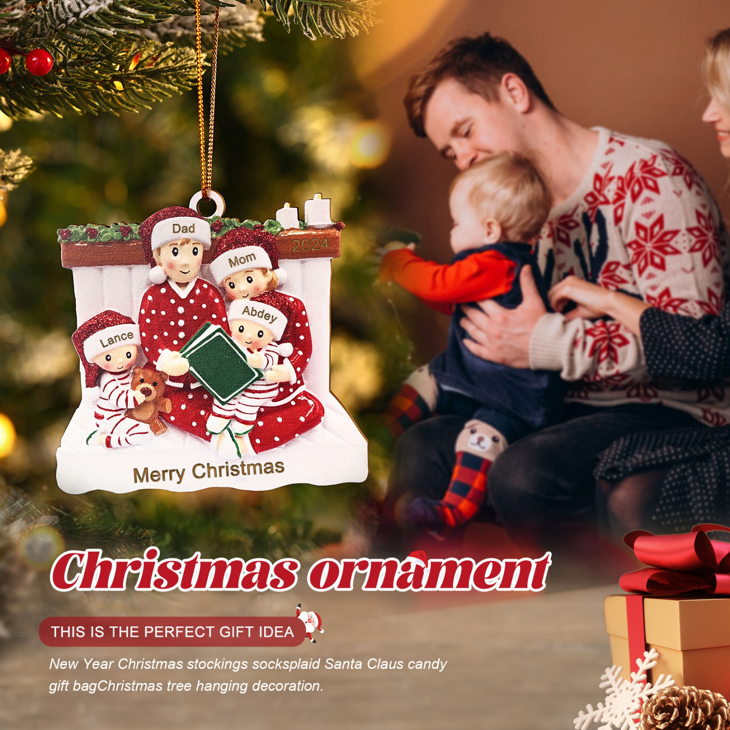 Personalized Wooden Family Reading Christmas Ornament with Custom 3 Names & 1 Text & Date Christmas Gift for Family | Jessemade