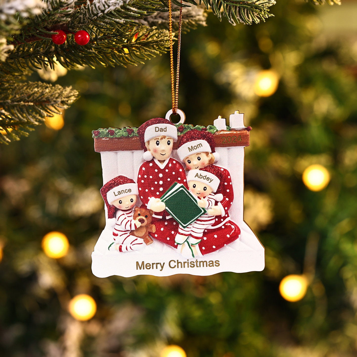 Personalized Wooden Family Reading Christmas Ornament with Custom 3 Na