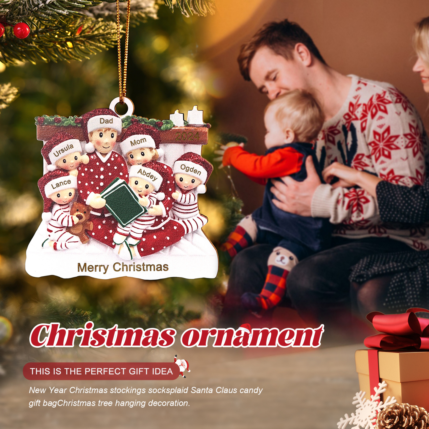 Personalized Wooden Family Reading Christmas Ornament with Custom 3 Names & 1 Text & Date Christmas Gift for Family | Jessemade