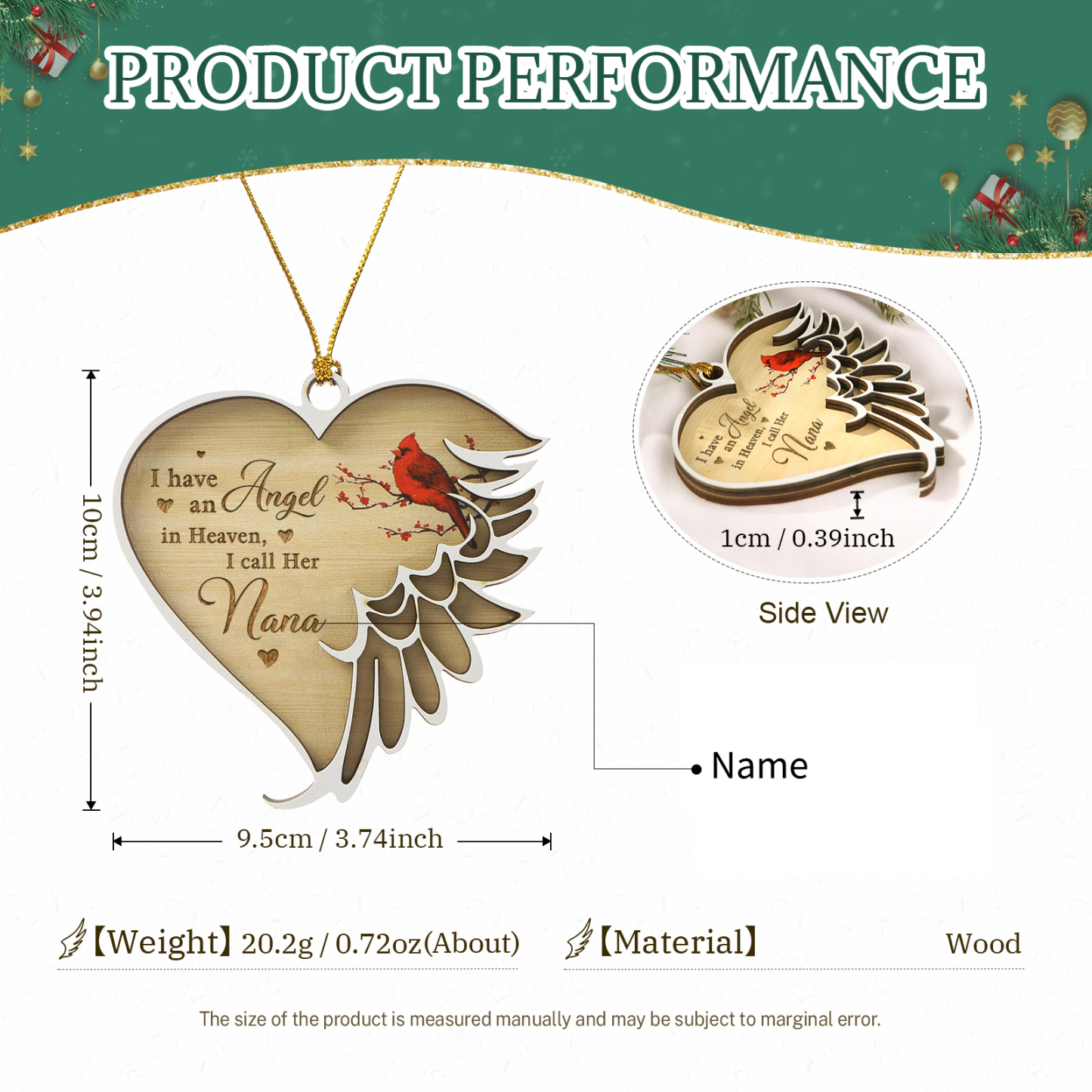 Personalised Wooden Heart Memorial Ornament with 1 Custom Name – Angel Wings Design Christmas Gift | Jessemade