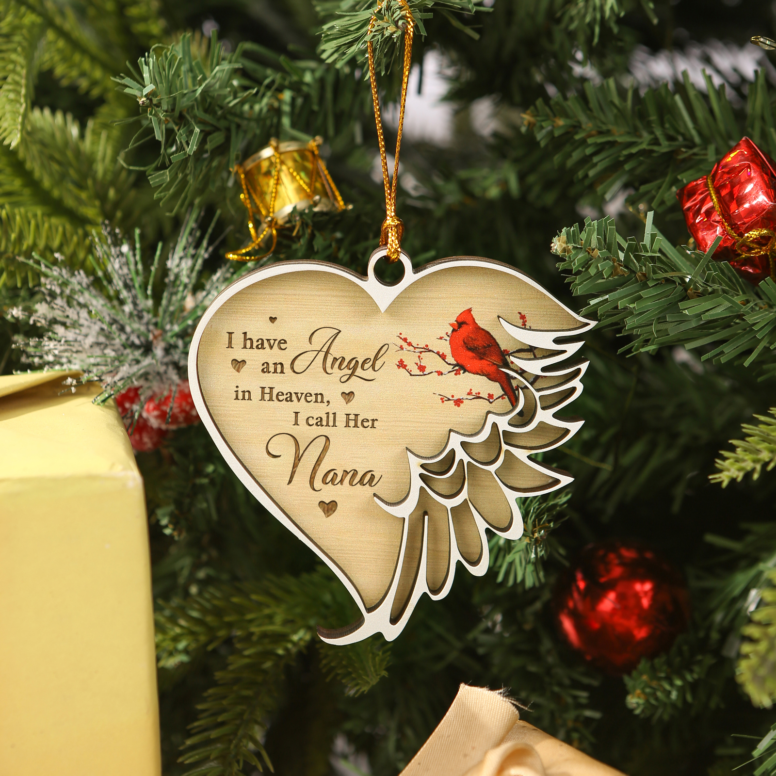 Personalised Wooden Heart Memorial Ornament with 1 Custom Name – Angel Wings Design Christmas Gift | Jessemade