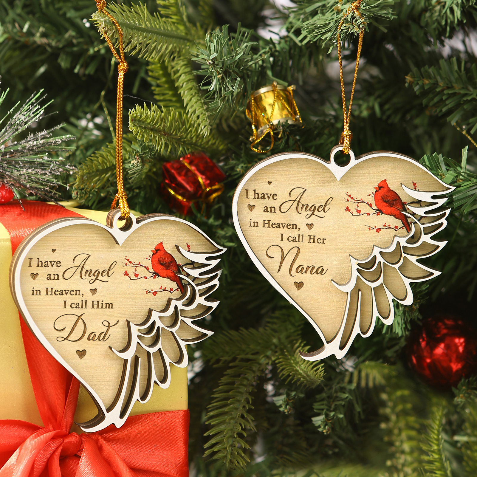Personalised Wooden Heart Memorial Ornament with 1 Custom Name – Angel Wings Design Christmas Gift | Jessemade