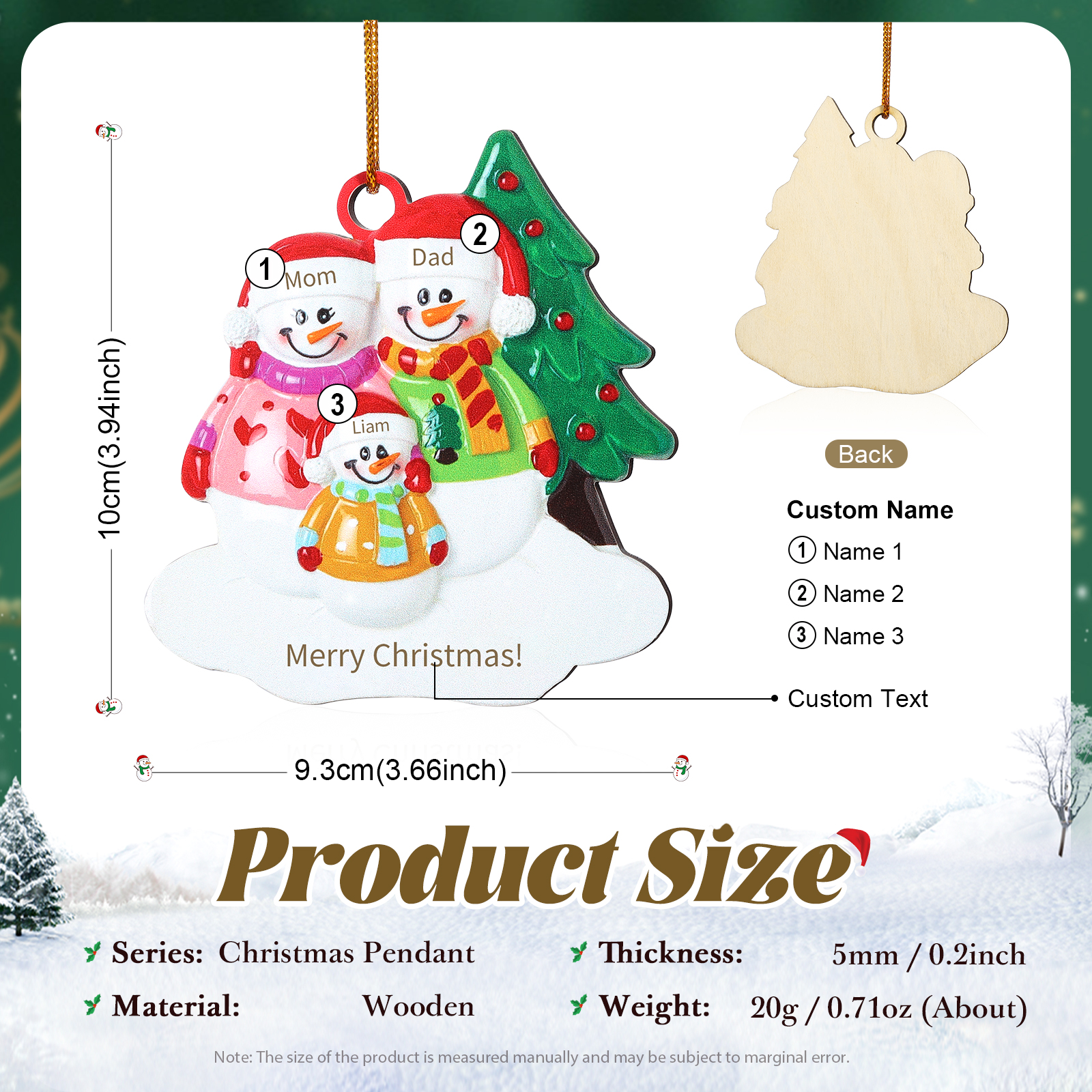 Personalized Wooden Snowman Family Christmas Ornament with Custom 3-5 Names & 1 Text Christmas Gift for Family | Jessemade