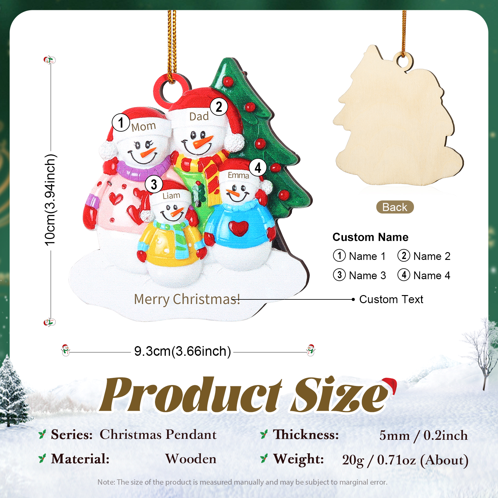 Personalized Wooden Snowman Family Christmas Ornament with Custom 3-5 Names & 1 Text Christmas Gift for Family | Jessemade