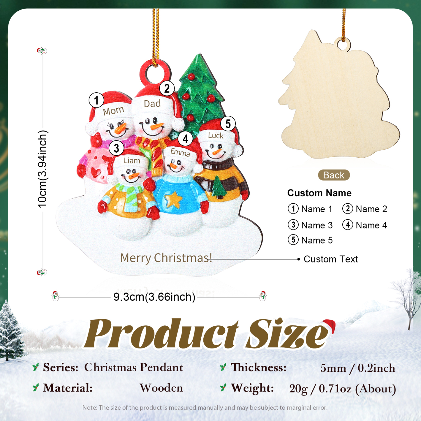 Personalized Wooden Snowman Family Christmas Ornament with Custom 3-5 Names & 1 Text Christmas Gift for Family | Jessemade
