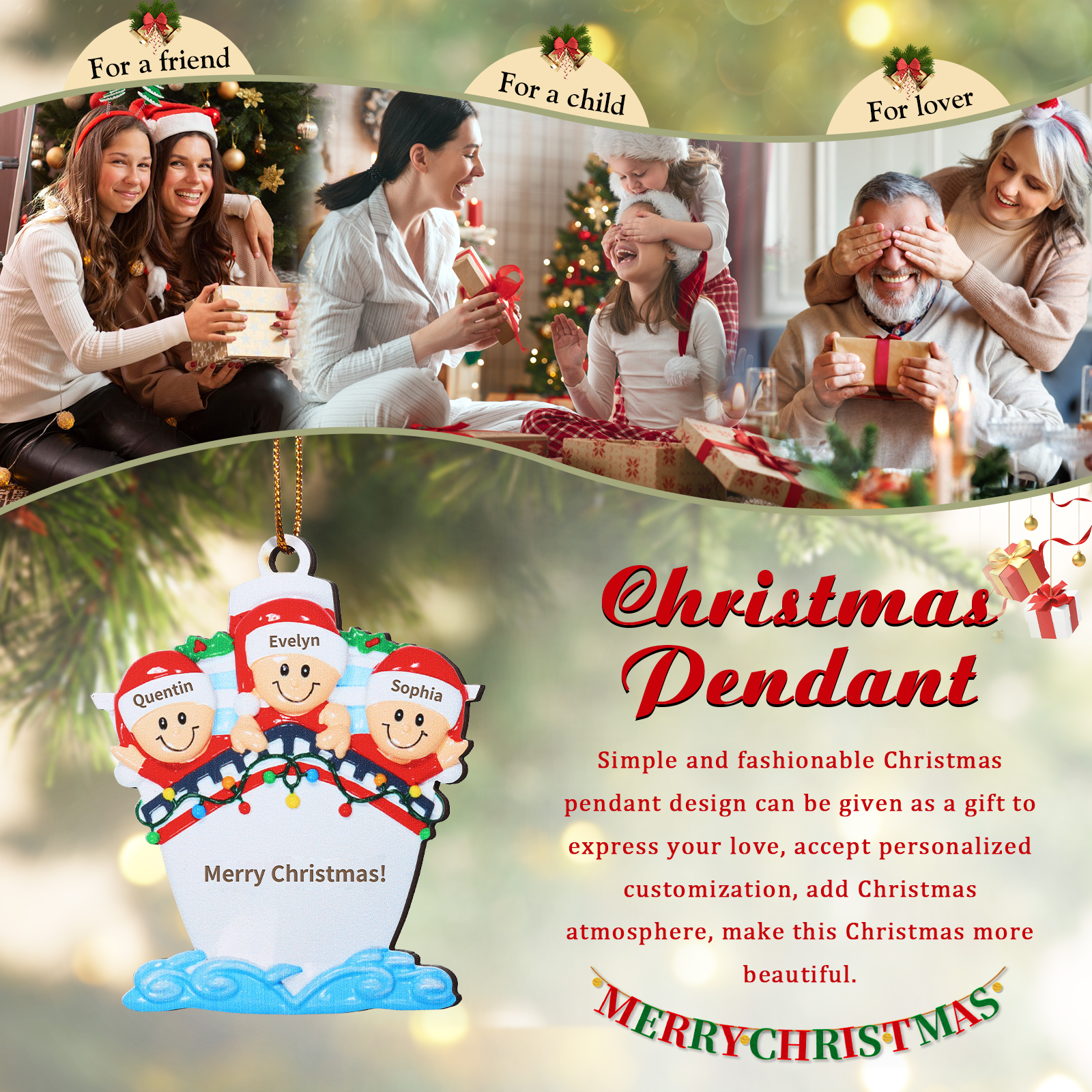 Personalized Wooden Family on Boat Christmas Ornament with Custom 3-5 Names & 1 Text Christmas Gift for Family | Jessemade