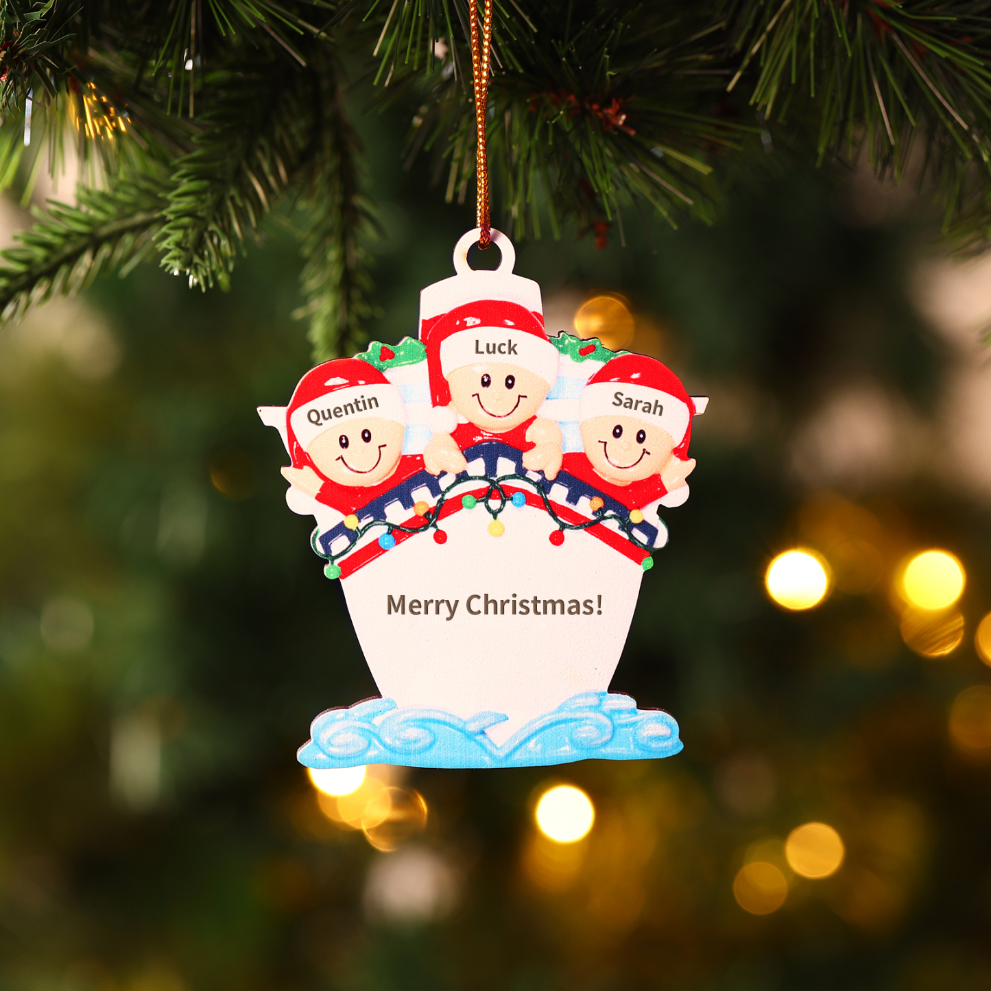 Personalized Wooden Family on Boat Christmas Ornament with Custom 3-5 Names & 1 Text Christmas Gift for Family | Jessemade