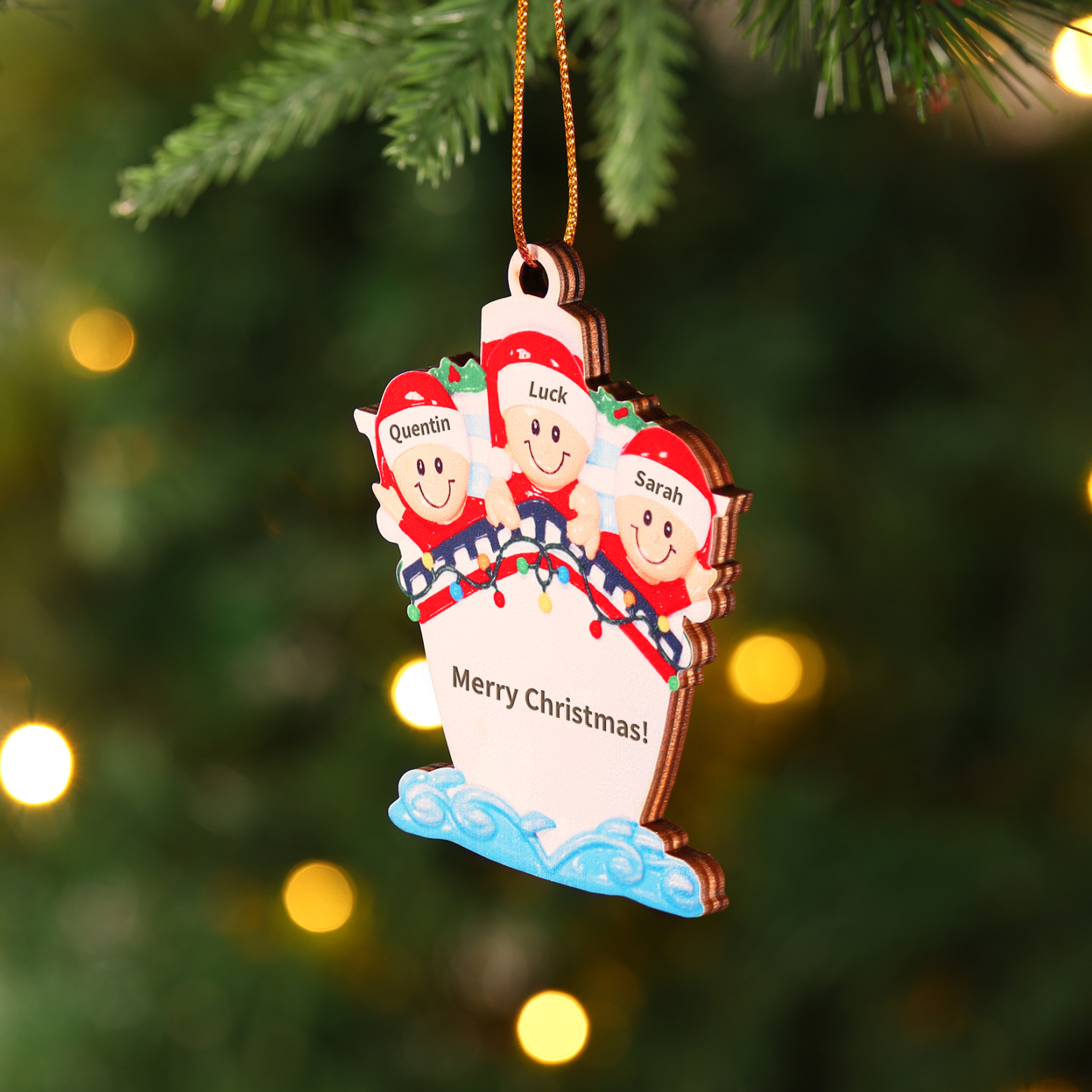 Personalized Wooden Family on Boat Christmas Ornament with Custom 3-5 Names & 1 Text Christmas Gift for Family | Jessemade