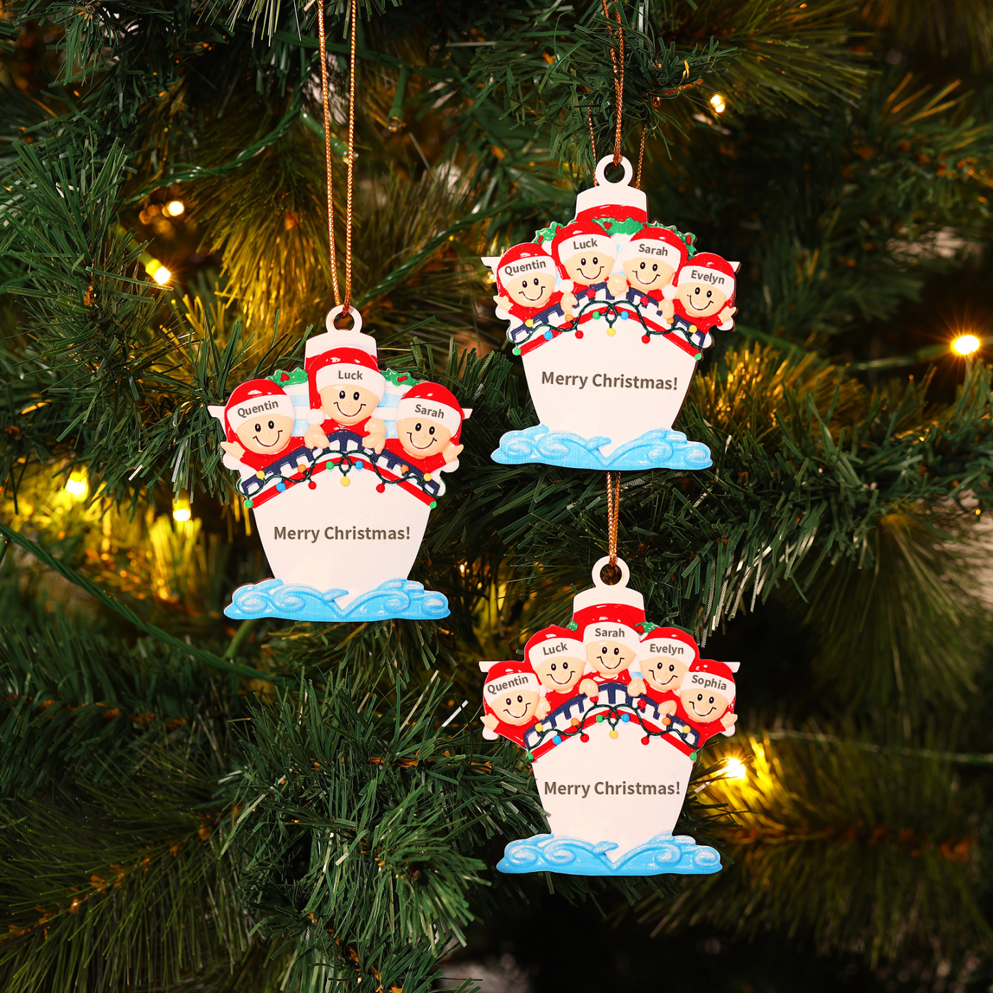 Personalized Wooden Family on Boat Christmas Ornament with Custom 3-5 Names & 1 Text Christmas Gift for Family | Jessemade