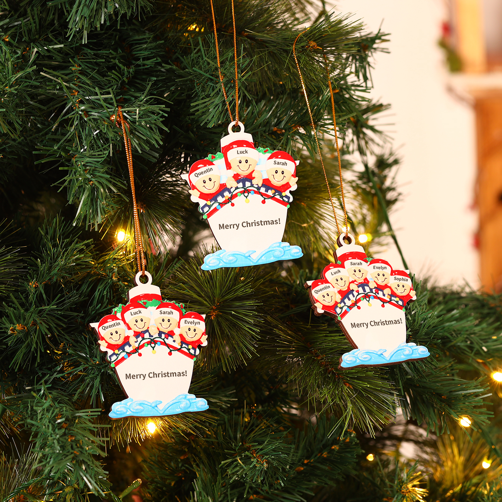 Personalized Wooden Family on Boat Christmas Ornament with Custom 3-5 Names & 1 Text Christmas Gift for Family | Jessemade