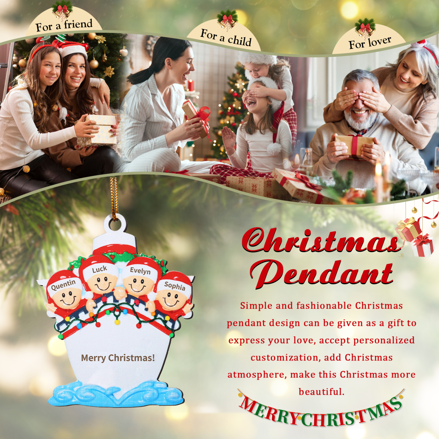 Personalized Wooden Family on Boat Christmas Ornament with Custom 3-5 Names & 1 Text Christmas Gift for Family | Jessemade