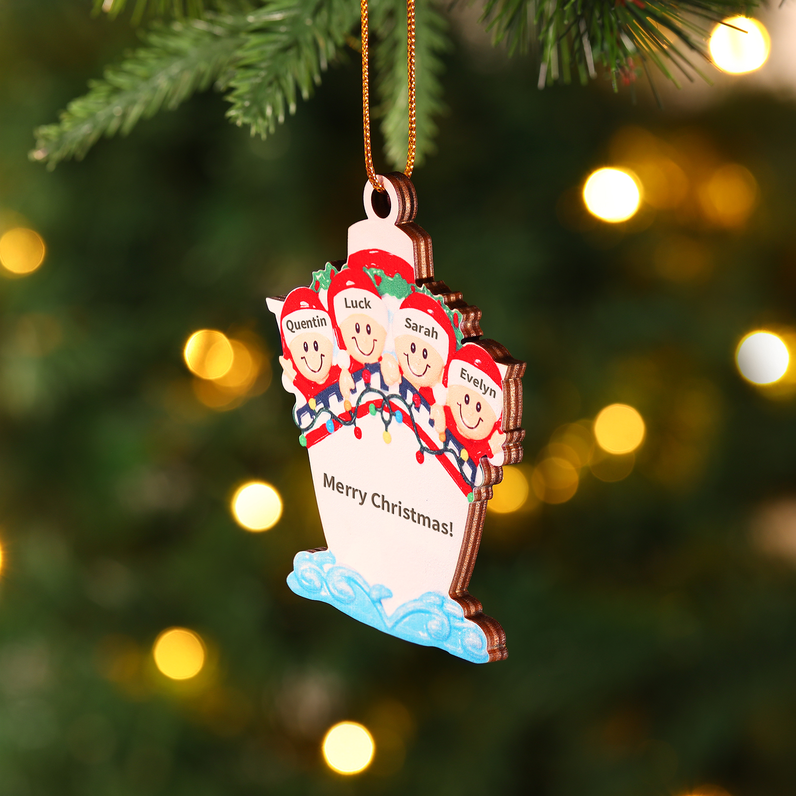 Personalized Wooden Family on Boat Christmas Ornament with Custom 3-5 Names & 1 Text Christmas Gift for Family | Jessemade