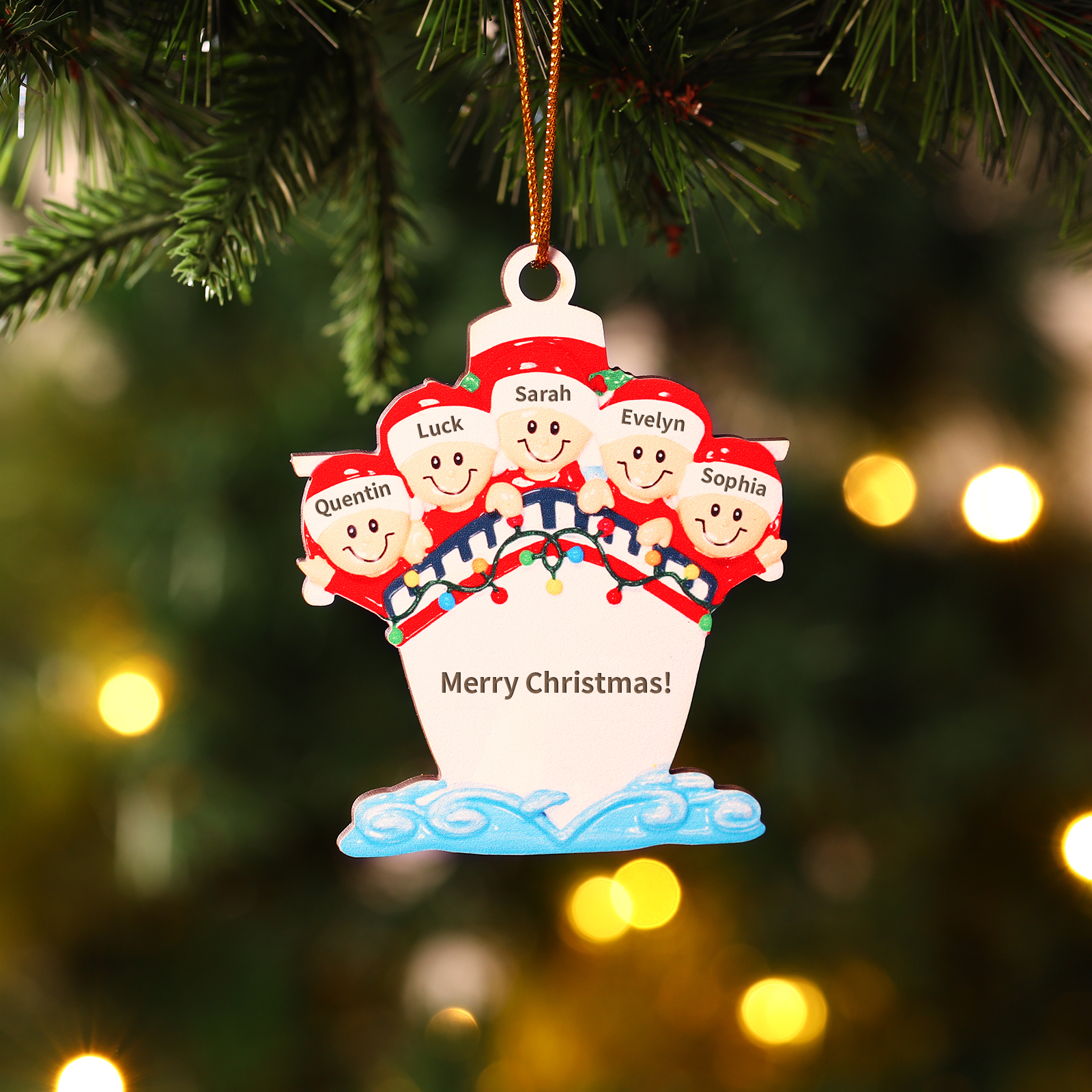 Personalized Wooden Family on Boat Christmas Ornament with Custom 3-5