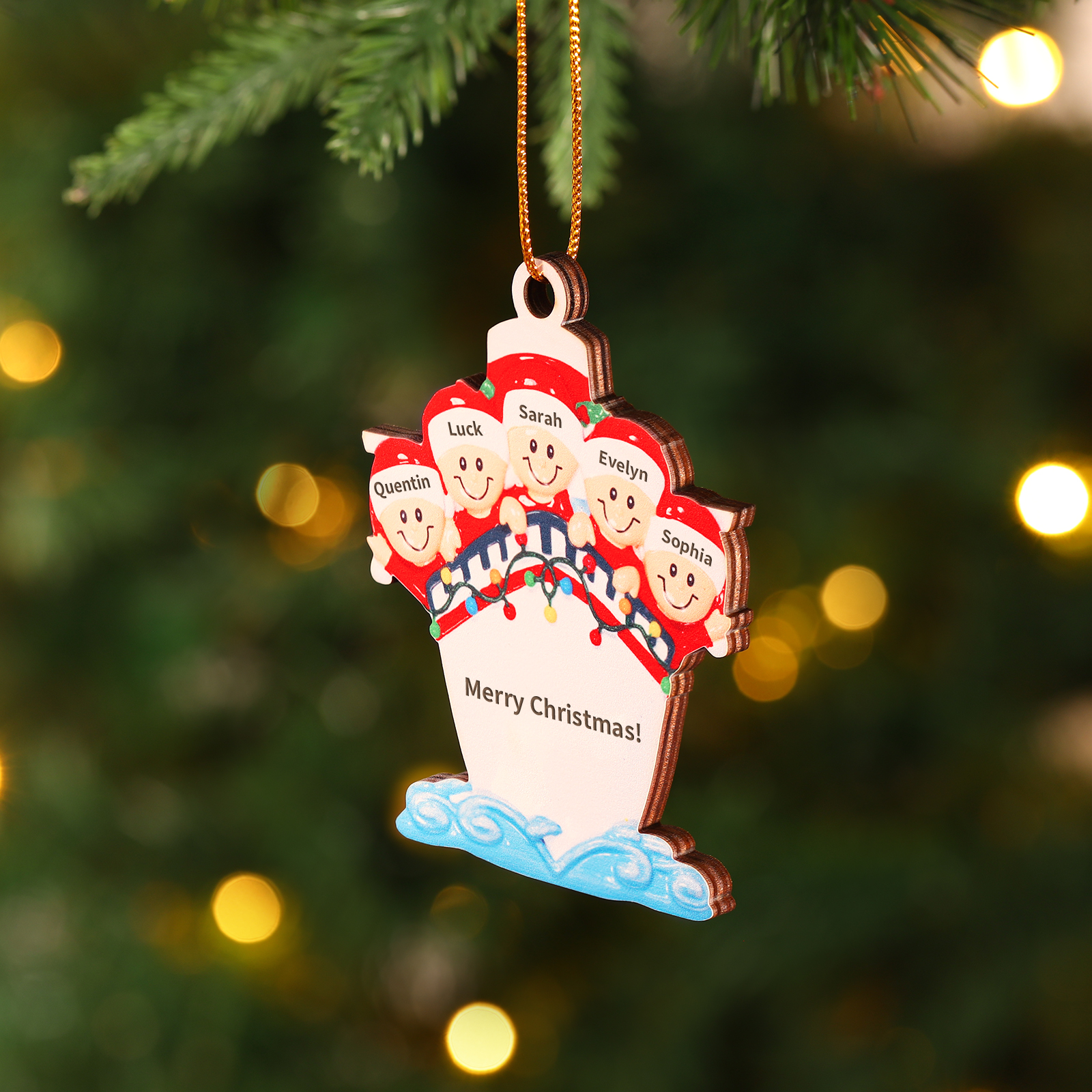 Personalized Wooden Family on Boat Christmas Ornament with Custom 3-5 Names & 1 Text Christmas Gift for Family | Jessemade