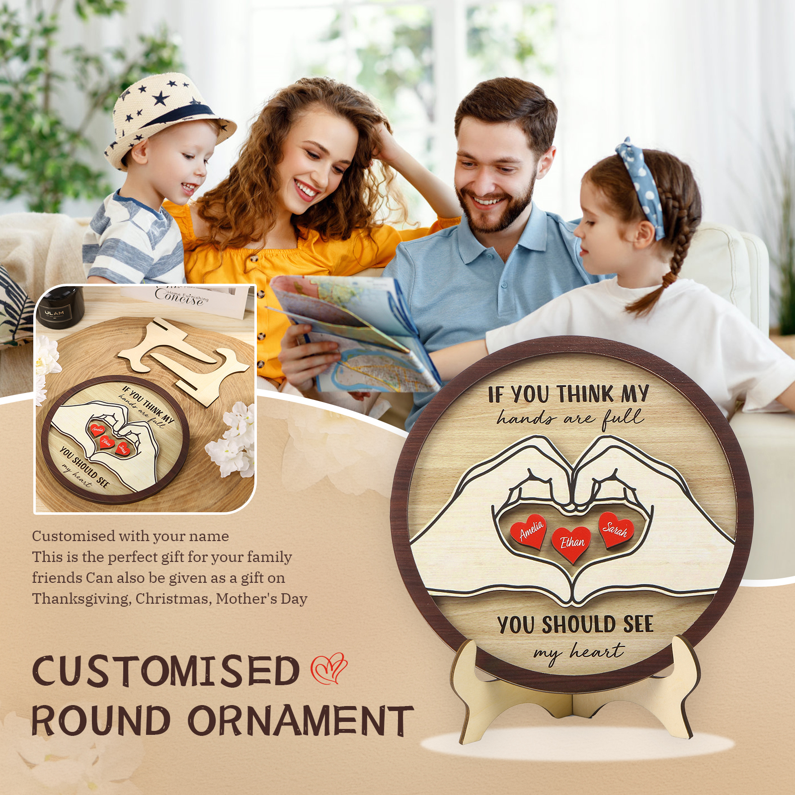 Personalized Home Frame Wooden Ornaments Custom 2-5 Names & 2 Text Ornaments Gift For Family| Jessmade