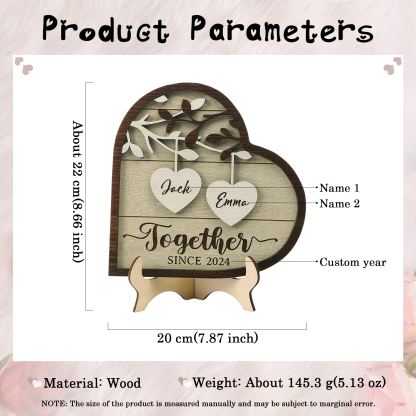 Personalised Heart-Shaped Wooden Framet – Custom 2 Names & Year, Couple Gift for Him/Her | Jessemade