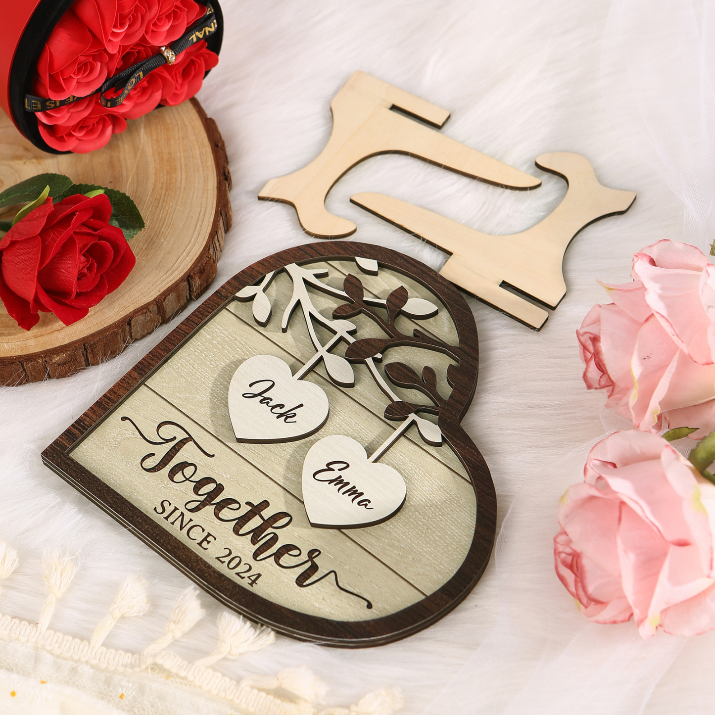 Personalised Heart-Shaped Wooden Framet – Custom 2 Names & Year, Couple Gift for Him/Her | Jessemade