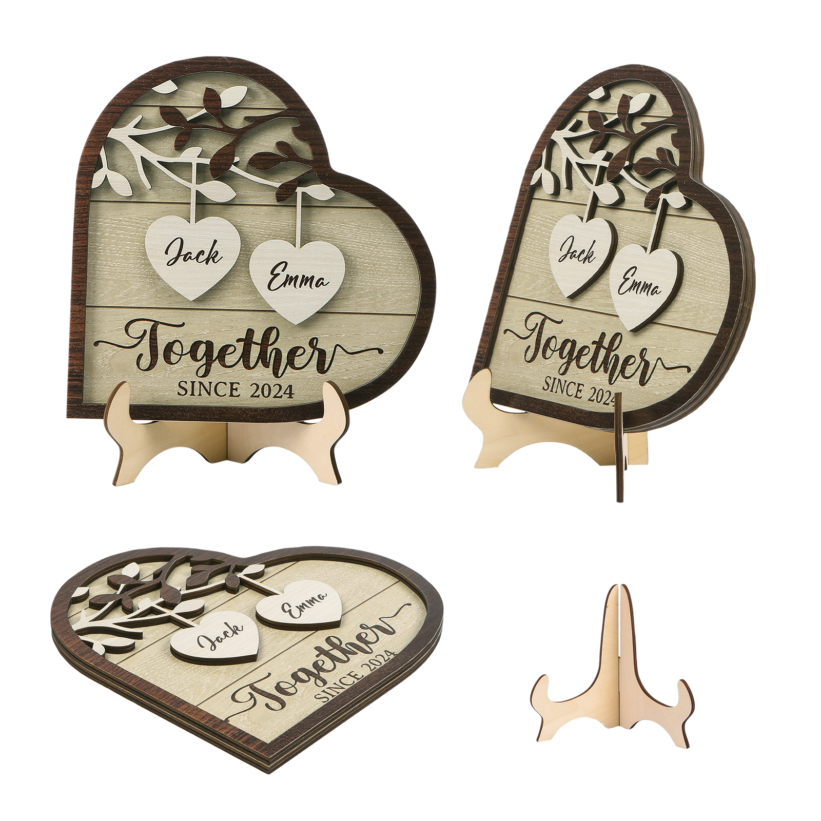 Personalised Heart-Shaped Wooden Framet – Custom 2 Names & Year, Couple Gift for Him/Her | Jessemade