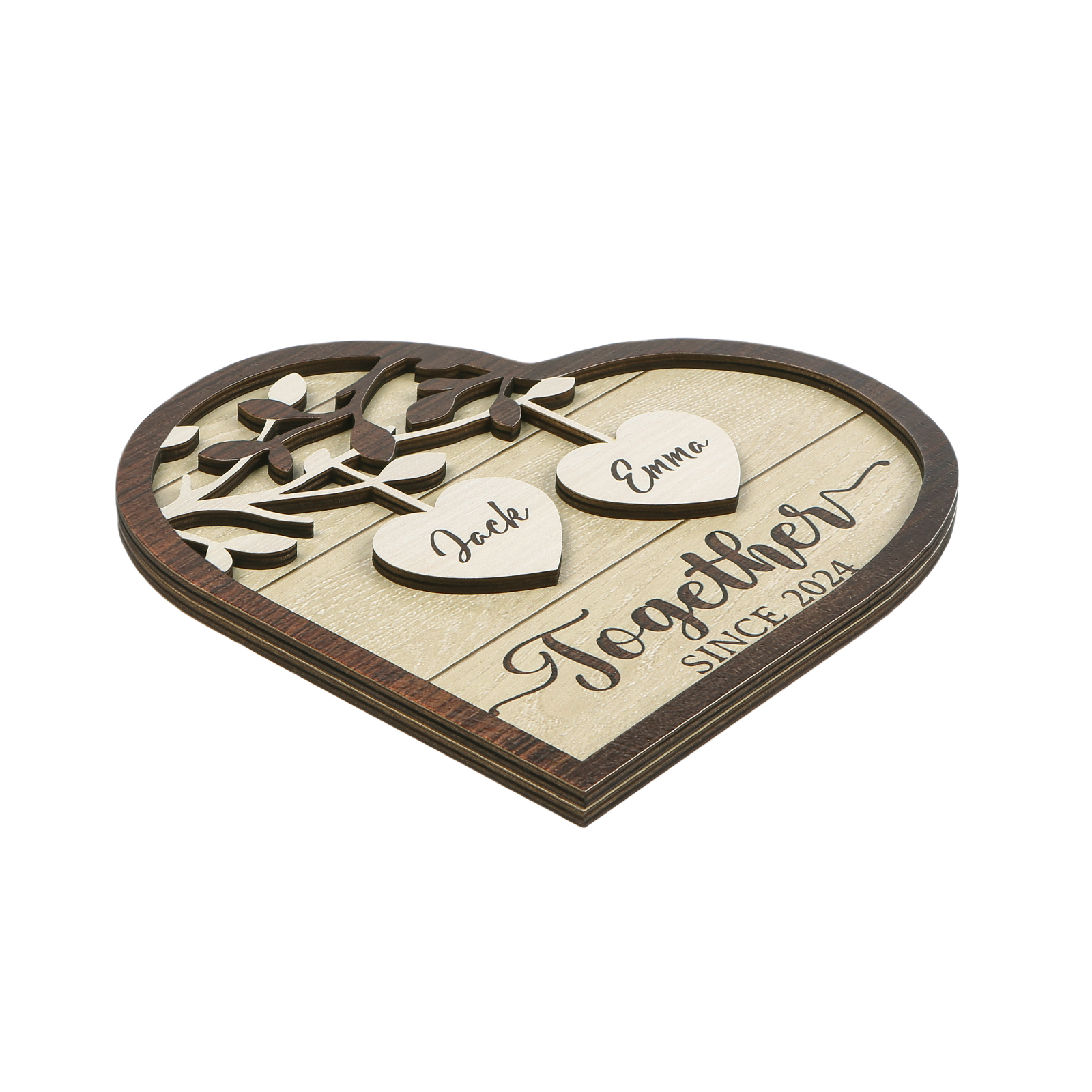 Personalised Heart-Shaped Wooden Framet – Custom 2 Names & Year, Couple Gift for Him/Her | Jessemade