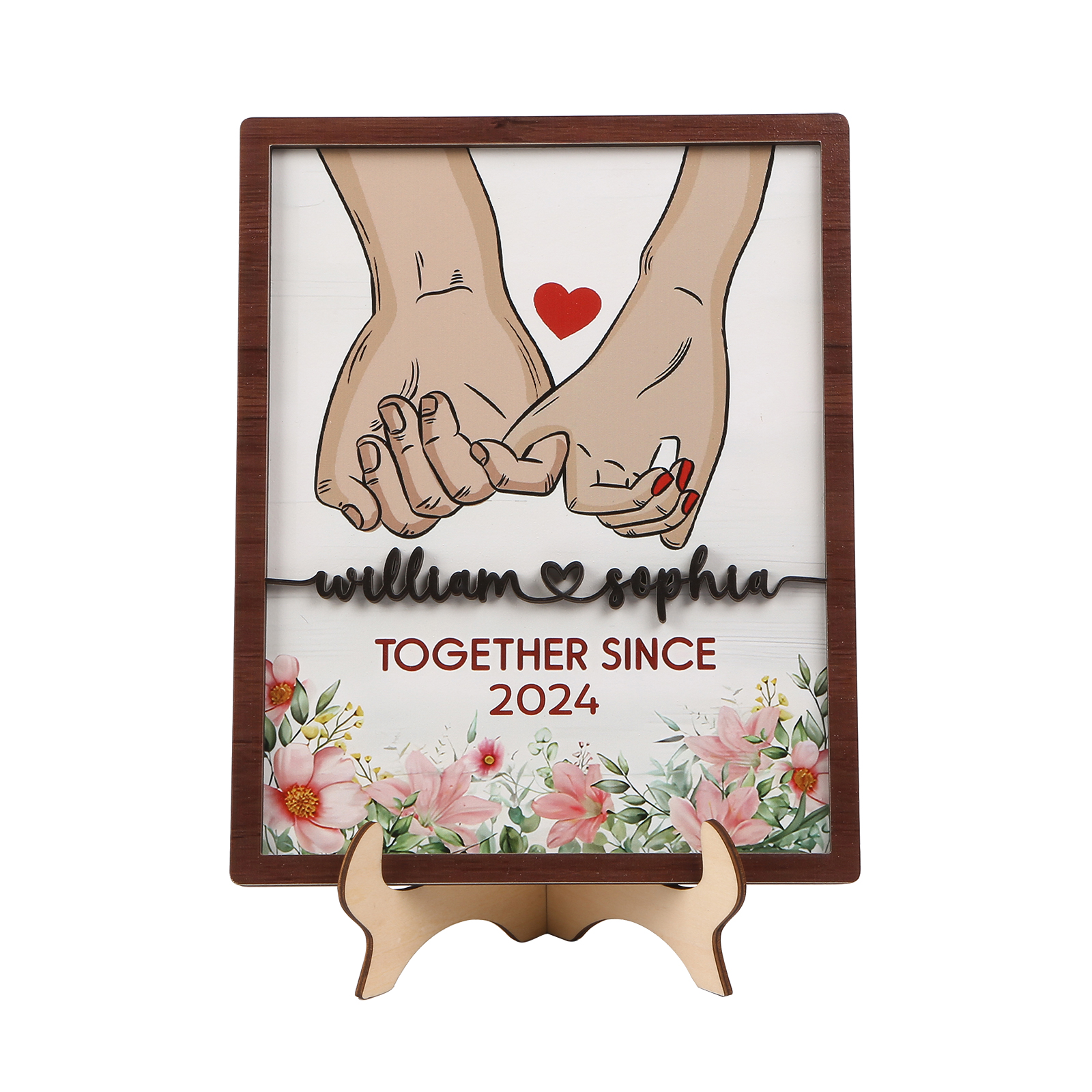 Personalised Wooden Hand-Holding Frame – Custom 2 Names & 1 Year, Couple Gift for Him/Her | Jessemade