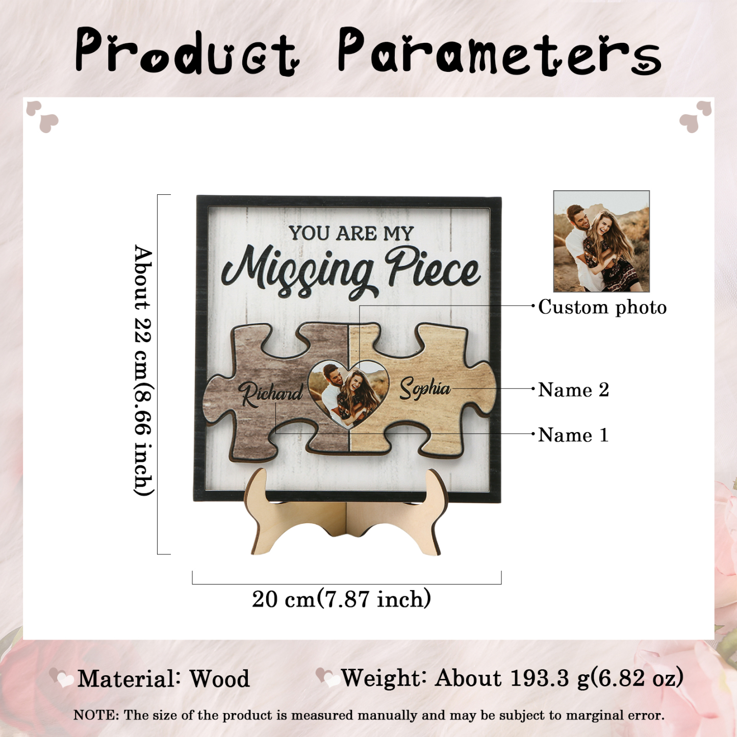 Personalised Puzzle Heart Wooden Frame – Custom 2 Names & 1 Photo Christmas Gift for Couples | Jessemade