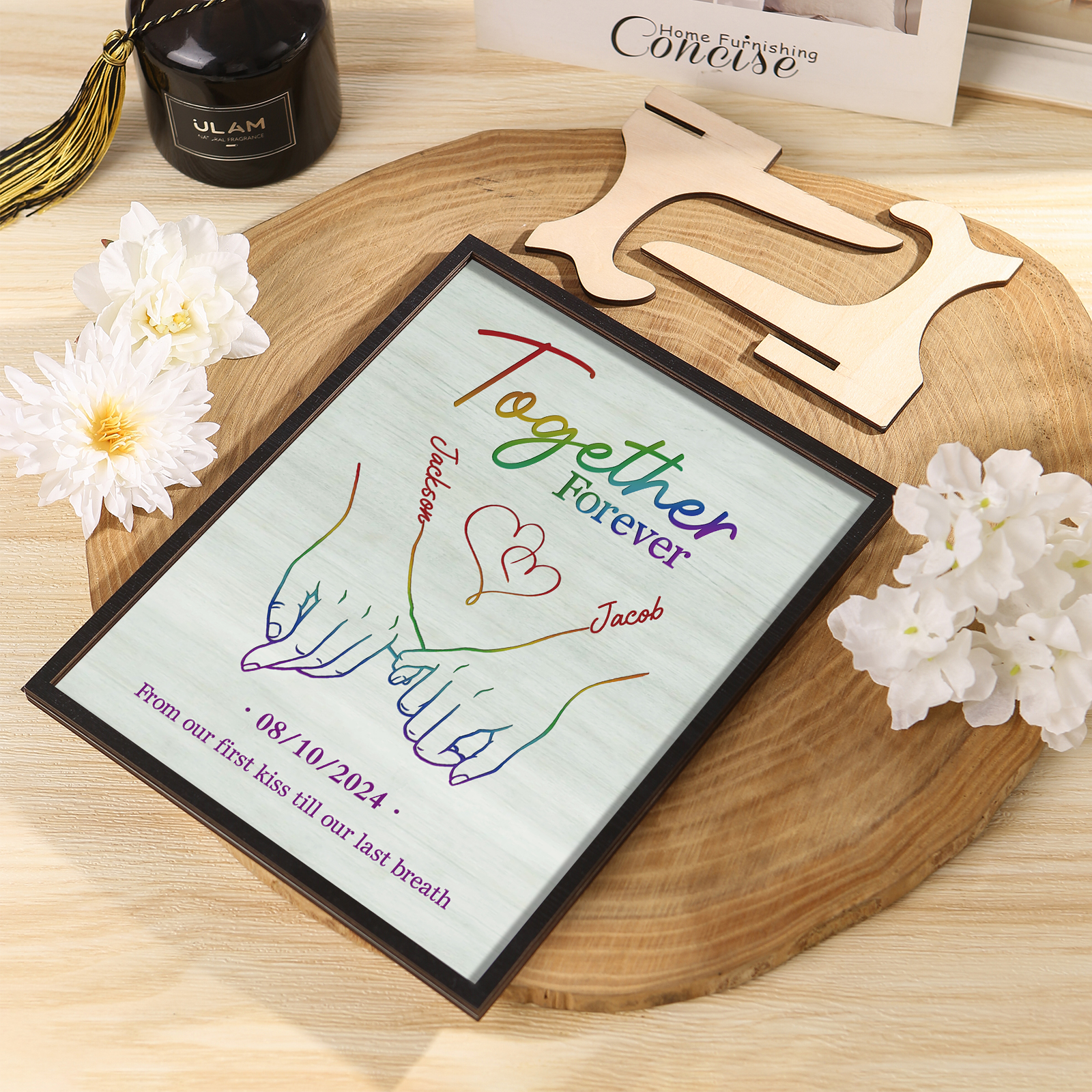 Personalised Couple Hand-in-Hand Wooden Plaque – Custom 2 Names, Text & Date Christmas Couple Gift for Him/Her | Jessemade