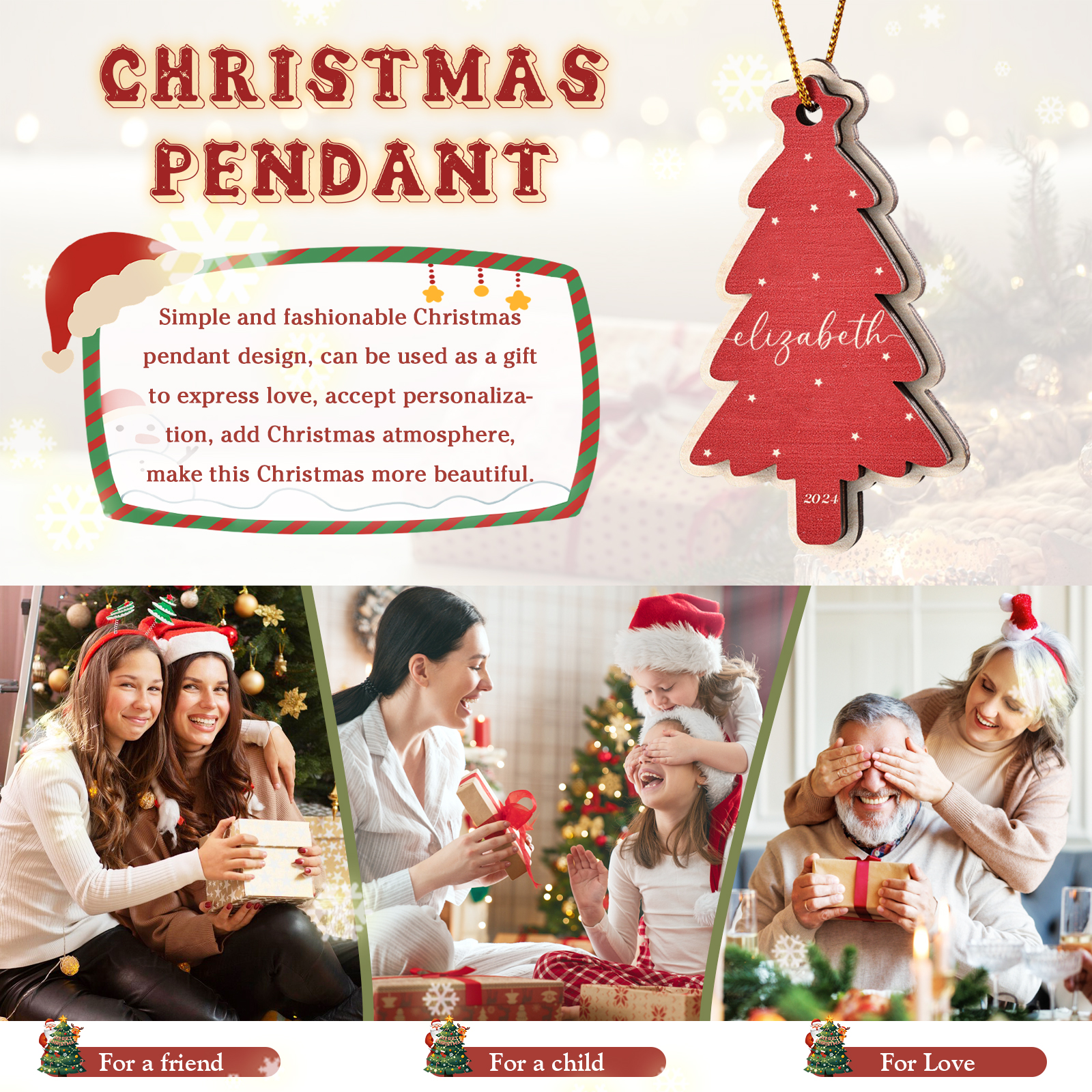 Personalised Family Christmas Ornament -Custom 1-6 Names Red Wooden Tree Gift for Family | Jessemade