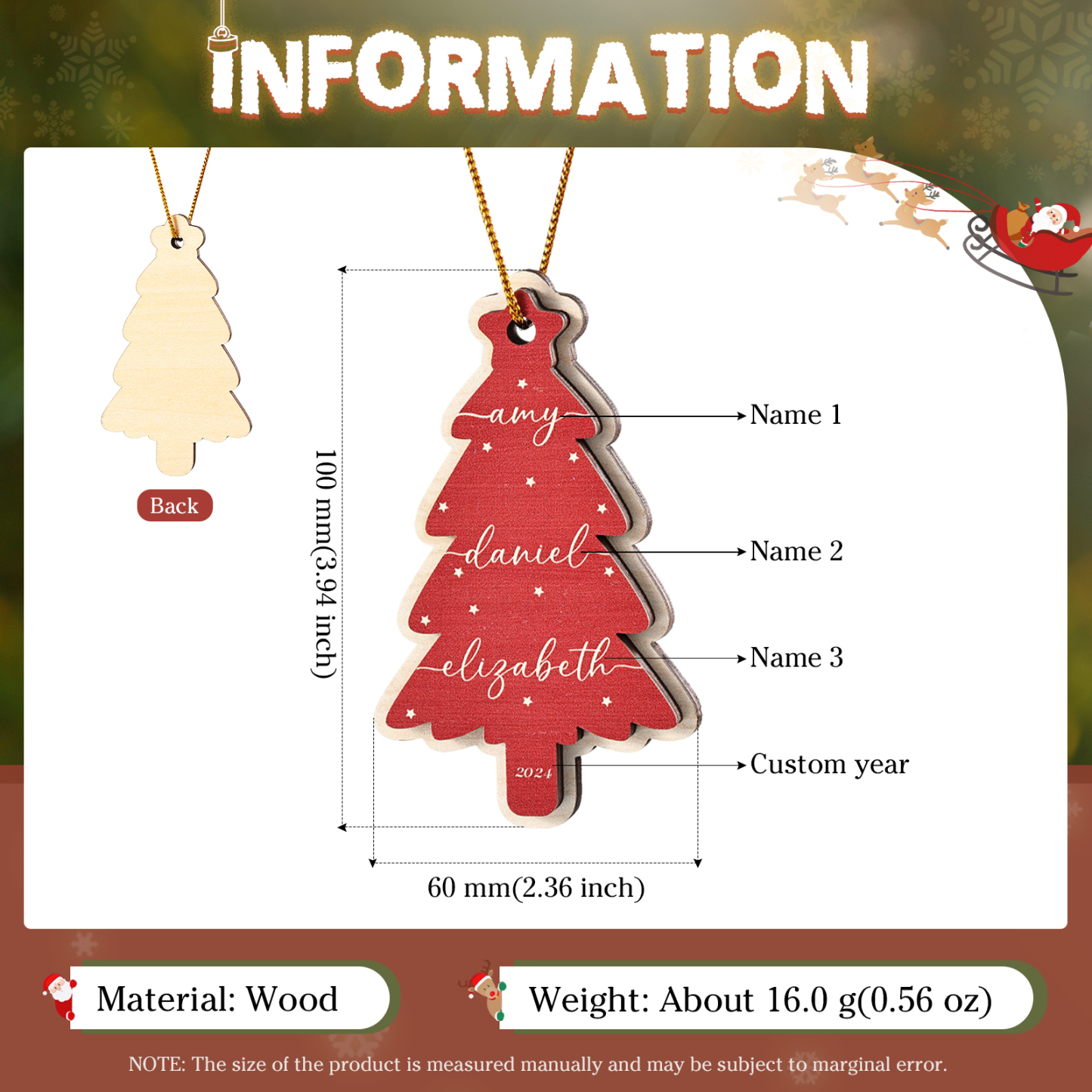 Personalised Family Christmas Ornament -Custom 1-6 Names Red Wooden Tree Gift for Family | Jessemade