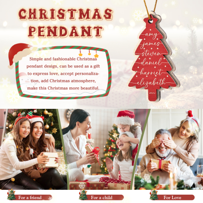 Personalised Family Christmas Ornament -Custom 1-6 Names Red Wooden Tree Gift for Family | Jessemade