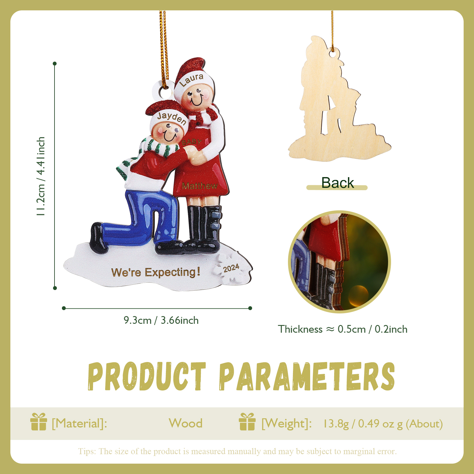 Personalized Christmas Ornament - Custom 3 Names, 1 Text, and 1 Year for Pregnant Moms | Jessemade