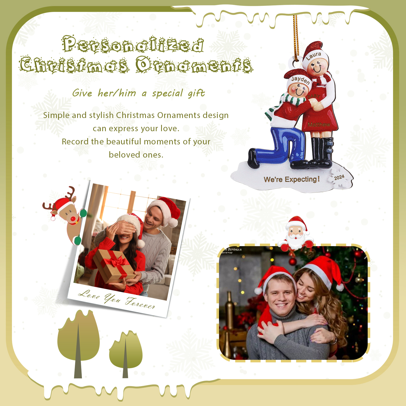 Personalized Christmas Ornament - Custom 3 Names, 1 Text, and 1 Year for Pregnant Moms | Jessemade