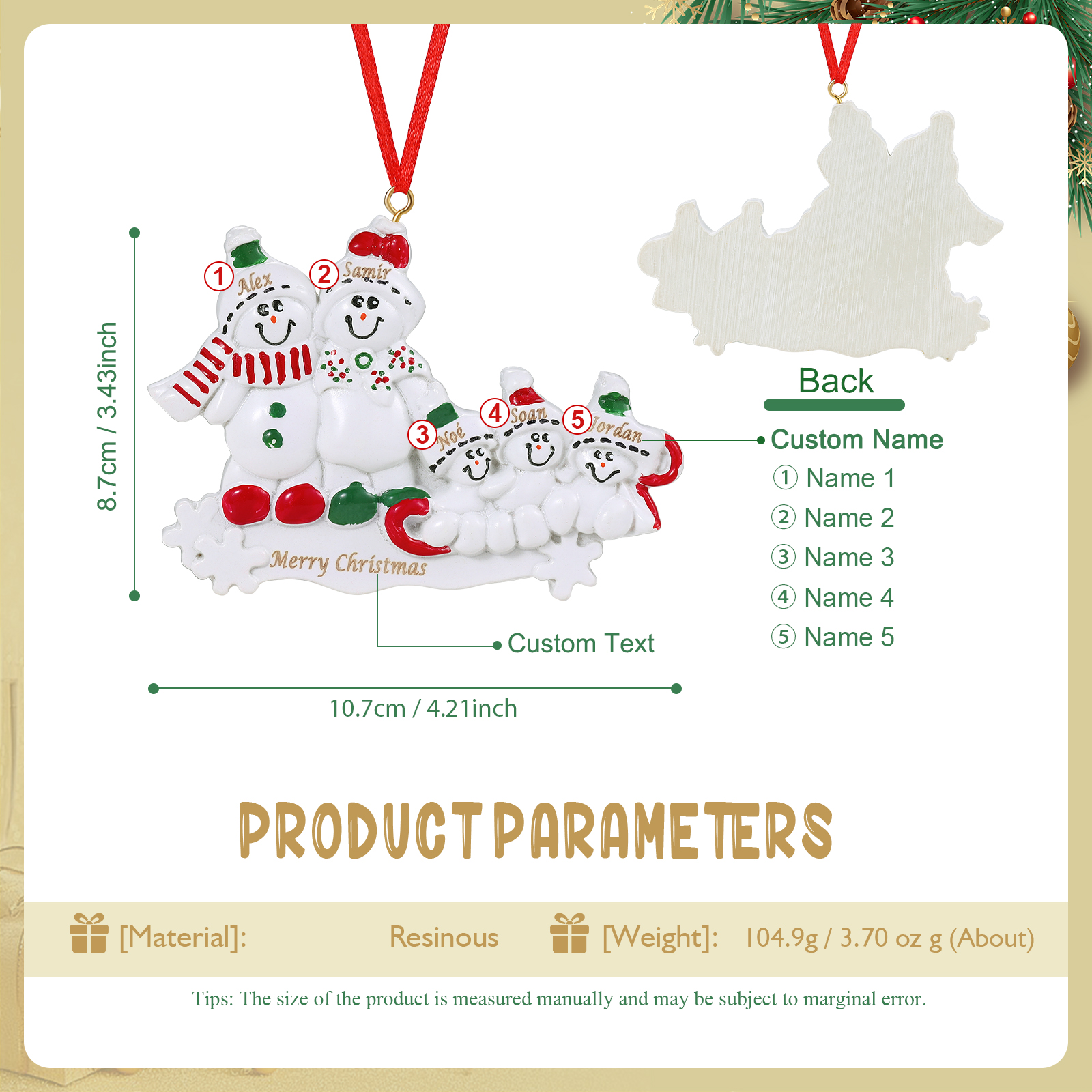 Personalized Resin Snowman Family Christmas Ornament – Custom 2-5 Names & 1 Text Christmas Gift for Family | Jessemade