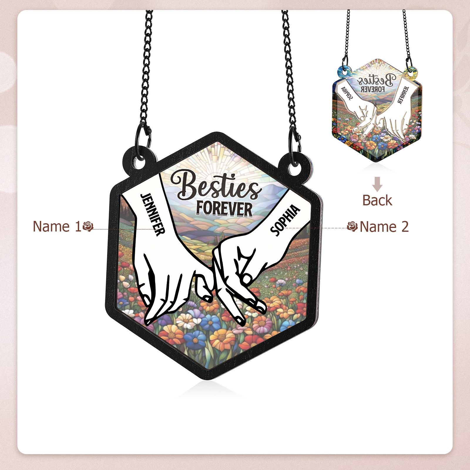 "Besties Forever" - Personalised Hexagon Sister Ornament with Custom 2 Names, Perfect Gift for Sisters & Best Friends | Jessemade