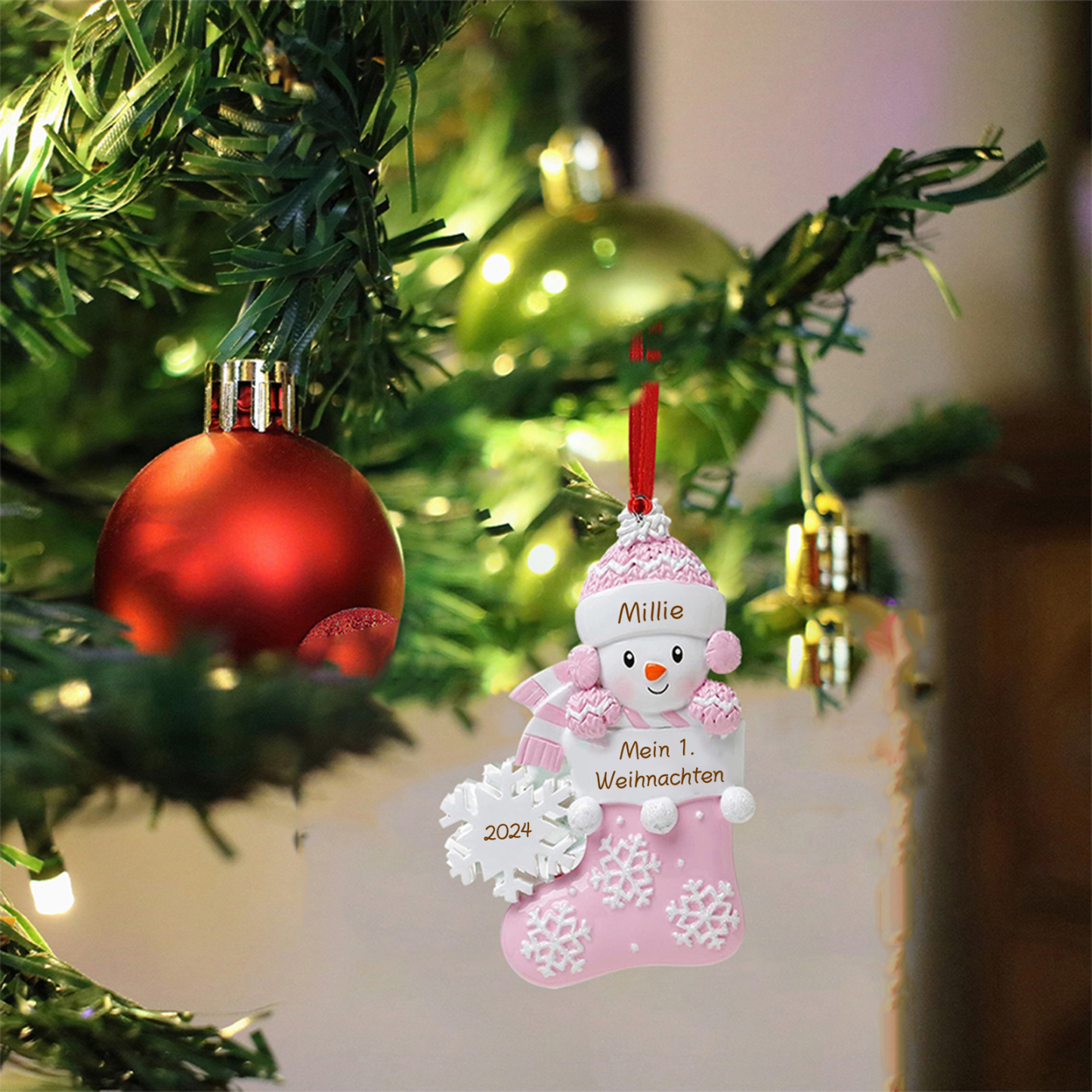 Personalized Baby’s First Christmas Snowman Stocking Ornament – Custom Name & Text & Year Resin Hanging Decoration Gift for Child | Jessemade