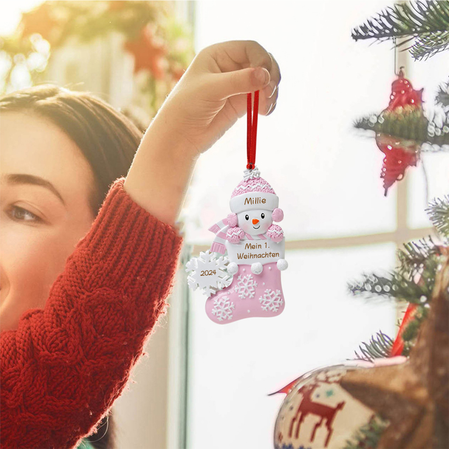 Personalized Baby’s First Christmas Snowman Stocking Ornament – Custom Name & Text & Year Resin Hanging Decoration Gift for Child | Jessemade