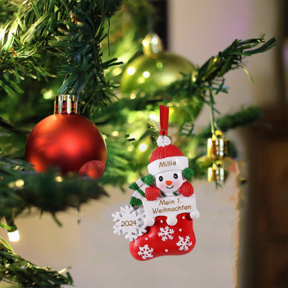 Personalized Baby’s First Christmas Snowman Stocking Ornament – Custom Name & Text & Year Resin Hanging Decoration Gift for Child | Jessemade