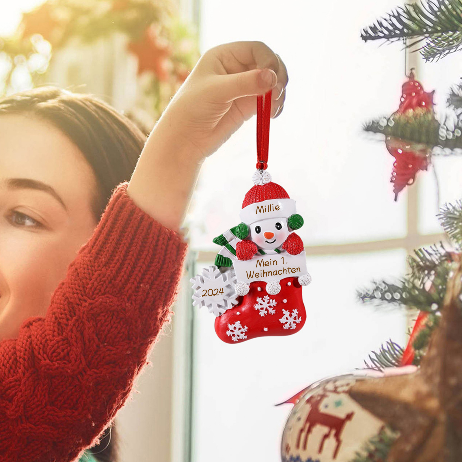 Personalized Baby’s First Christmas Snowman Stocking Ornament – Custom Name & Text & Year Resin Hanging Decoration Gift for Child | Jessemade