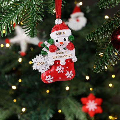 Personalized Baby’s First Christmas Snowman Stocking Ornament – Custom Name & Text & Year Resin Hanging Decoration Gift for Child | Jessemade