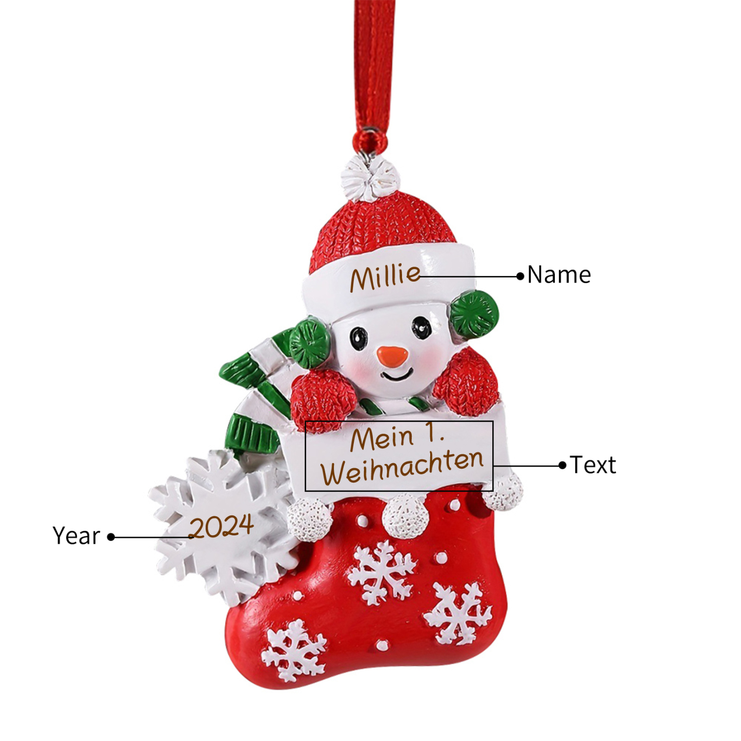 Personalized Baby’s First Christmas Snowman Stocking Ornament – Custom Name & Text & Year Resin Hanging Decoration Gift for Child | Jessemade